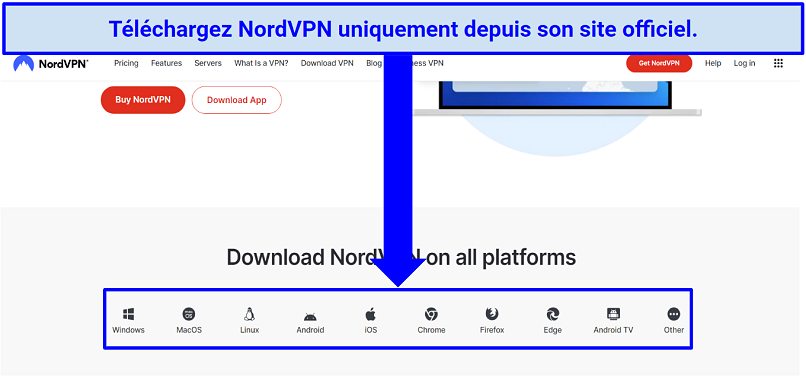 Capture d’écran montrant comment télécharger NordVPN sur son site web