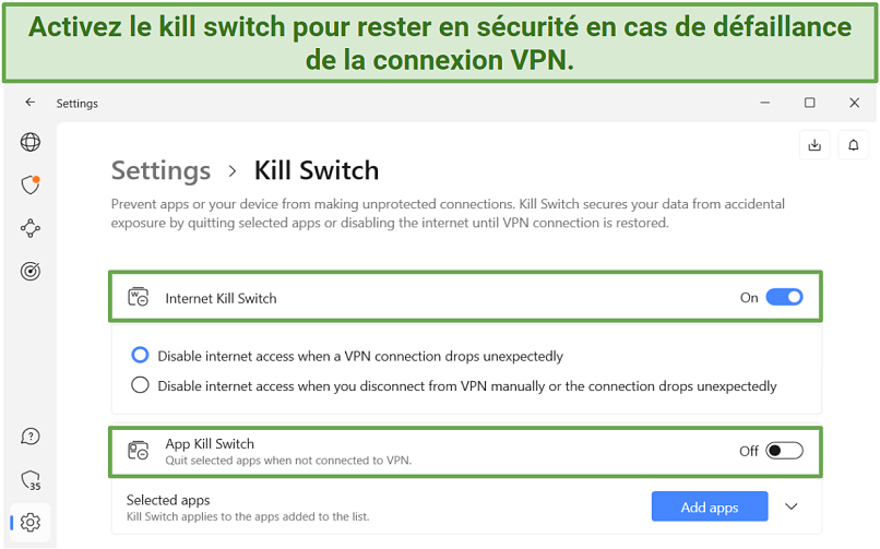 Capture d’écran de la fonction de kill switch sur Windows