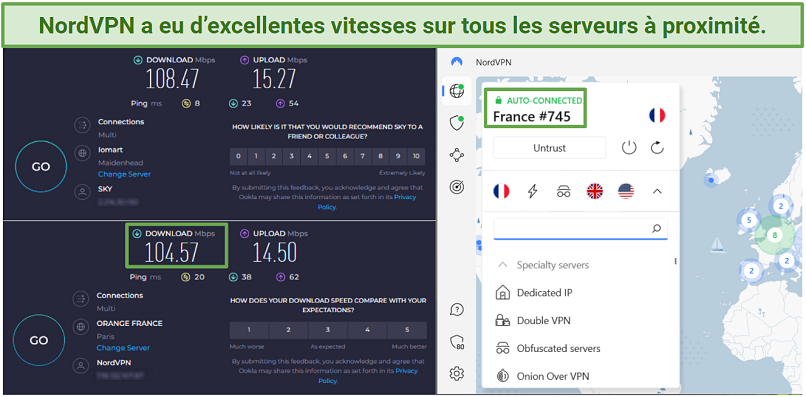 Capture d’écran des tests de vitesse Ookla sans VPN connecté et connecté au serveur de Paris de NordVPN