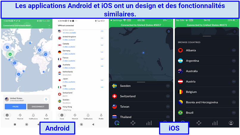 Capture d’écran des applications de NordVPN sur Android et iPhone