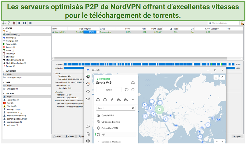 Capture d’écran montrant le téléchargement d’un torrent avec les serveurs P2P de NordVPN
