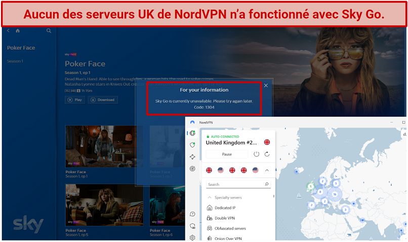 Capture d’écran d’un message d’erreur lors de la tentative de regarder Sky Go avec NordVPN