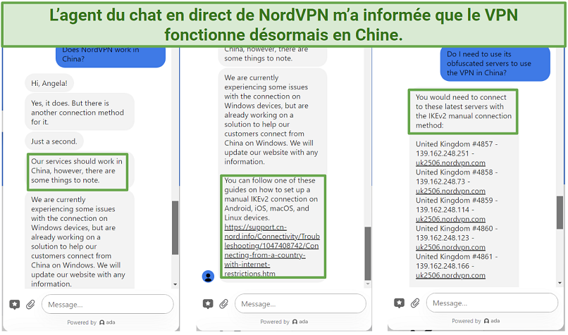 Capture d’écran du chat en direct de NordVPN m’informant que le VPN fonctionne en Chine