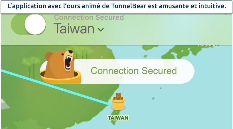 Capture d’écran de TunnelBear connecté au serveur de Taïwan