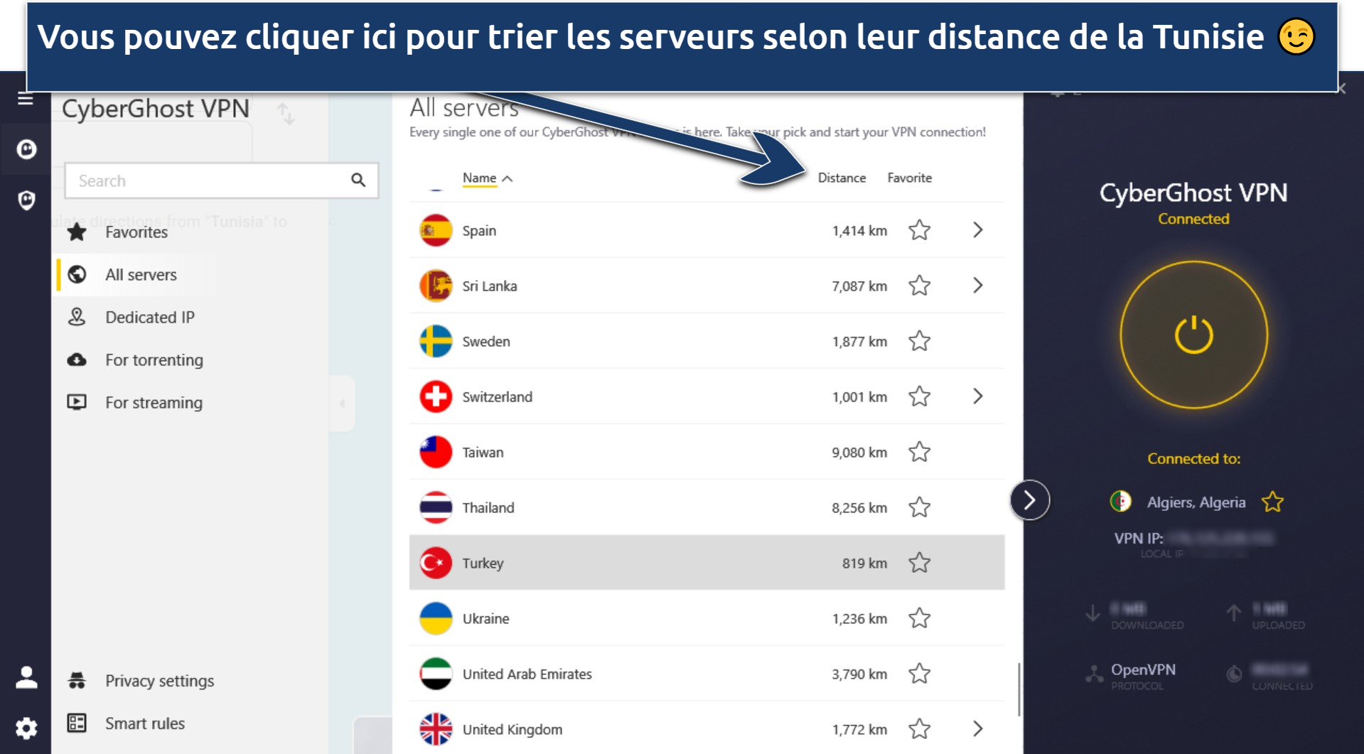 CyberGhost connected to Algeria with its interface showing the list of servers 