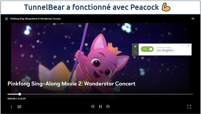 A screenshot of Peacock streaming Pinkfong Sing-Along Movie 2: Wonderstart Concert while connected to TunnelBear's US server