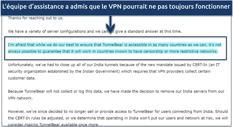 A screenshot showing TunnelBear's support team confirming the VPN may work in China