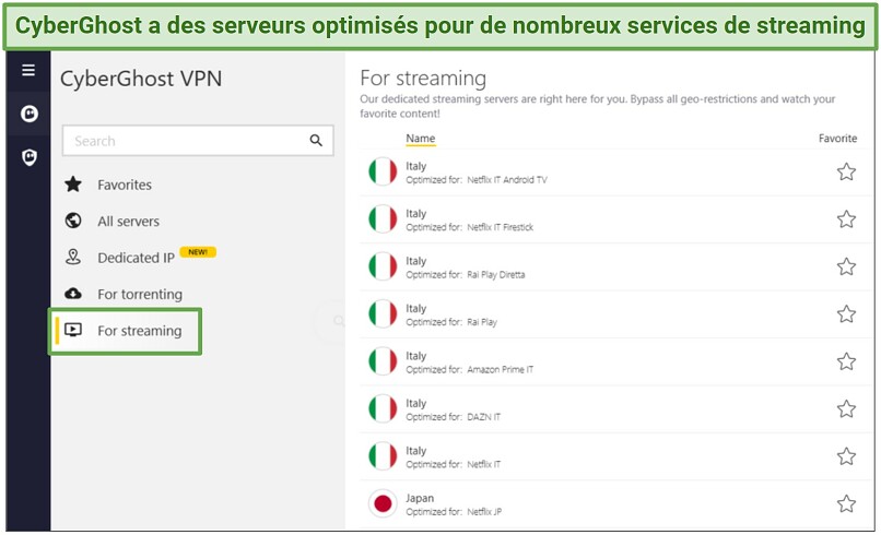 Capture d'écran de l'application CyberGhost montrant ses serveurs de streaming.