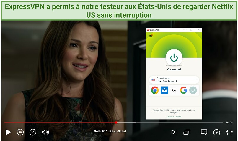 Capture d'écran de la série Suits sur Netflix US avec ExpressVPN connecté au New Jersey