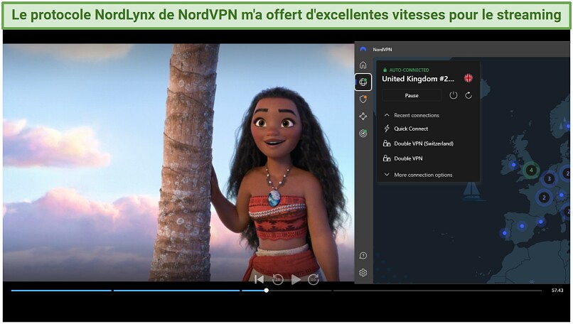 Capture d'écran de Moana sur Disney+ en se connectant à un serveur NordVPN au Royaume-Uni