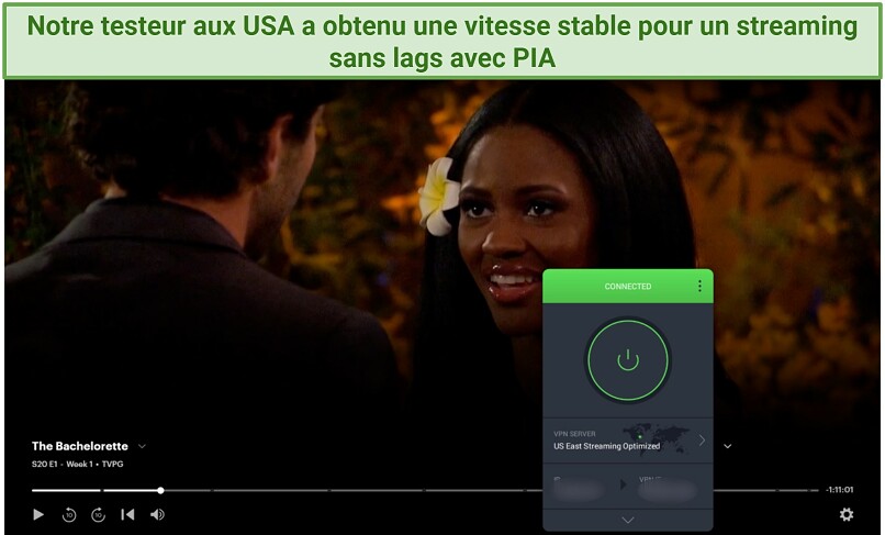 Un screenshot de The Bachelorette sur Hulu en étant connecté au serveur de streaming US East de PIA