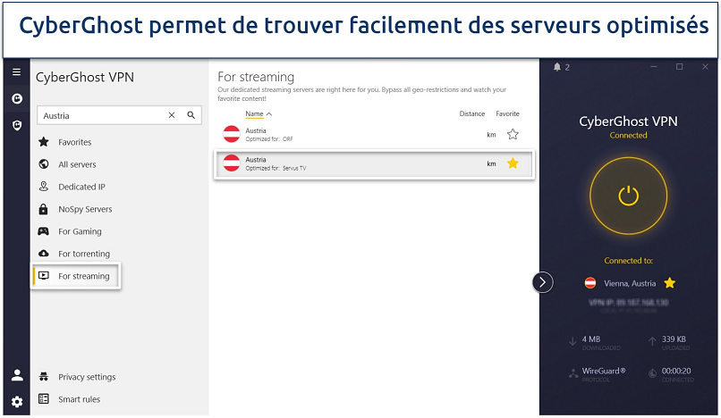 Voici une capture d’écran du tableau de bord de l’application Windows de CyberGhost, avec son système de navigation, le serveur Servus TV mis en évidence