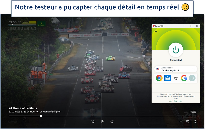 Une capture d’écran du streaming du Mans en qualité HD sur Max en étant connecté au serveur ExpressVPN de Los Angeles