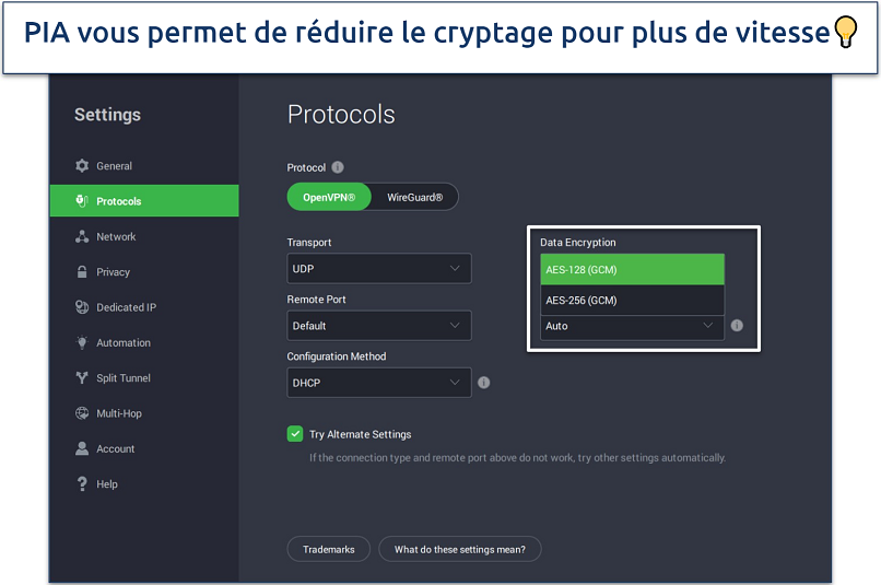 Une capture d’écran du tableau de bord de l’application Windows de PIA avec sa page de paramètres de protocole et l’option pour changer le niveau de chiffrement OpenVPN en surbrillance