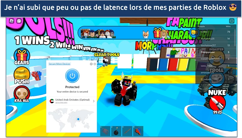 Screenshot of Roblox being played while connected to Opera VPN's Pro’s UAE server 