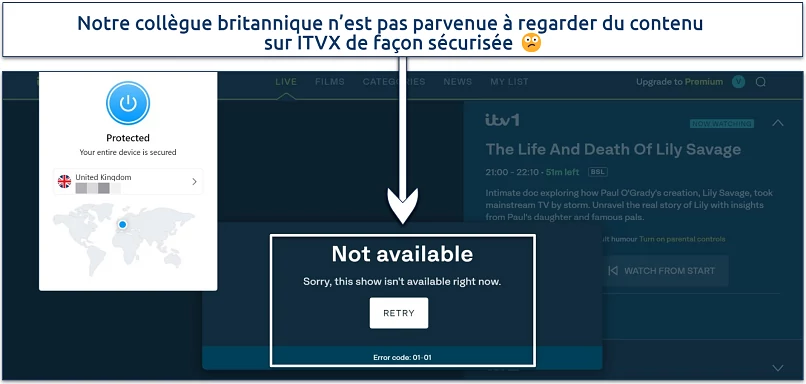Screenshot of ITVX player displaying an error message when our tester tried to watch it while connected to Opera VPN Pro's UK server