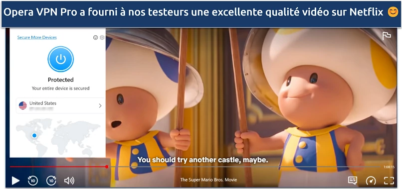 Screenshot of Netflix player streaming The Super Mario Bros Movie while connected to a US Opera VPN Pro server