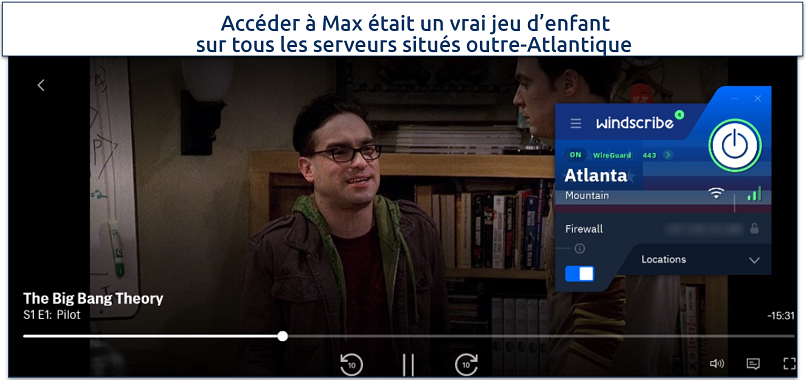 Screenshot of Max player streaming The Big Bang Theory while connected to an Windscribe Atlanta server