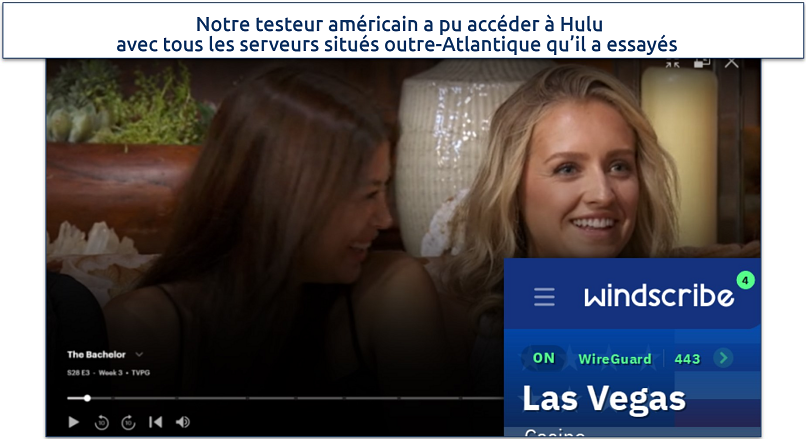 Screenshot of Hulu player streaming The Bachelor while connected to a Windscribe Las Vegas server