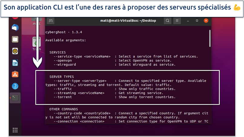 A screenshot showing that CyberGhost's CLI app comes with specialist servers for torrenting and streaming