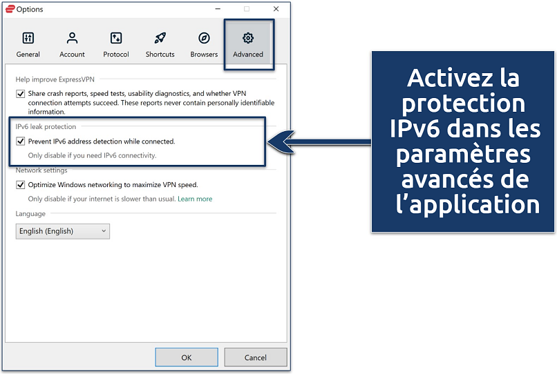 Screenshot showing how to activate ExpressVPN's IPv6 leak protection