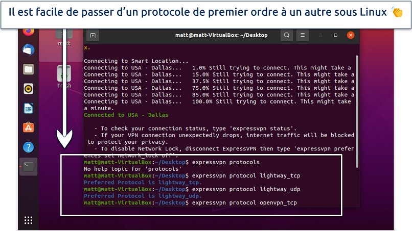 A screenshot showing it's easy to switch between protocols on Linux using the ExpressVPN CLI app