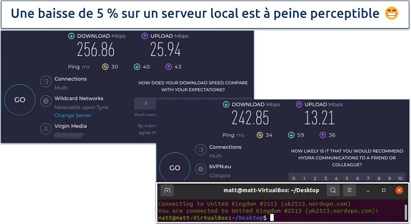 A screenshot of Ookla speed tests done while connected to NordVPN UK server and with no VPN connected