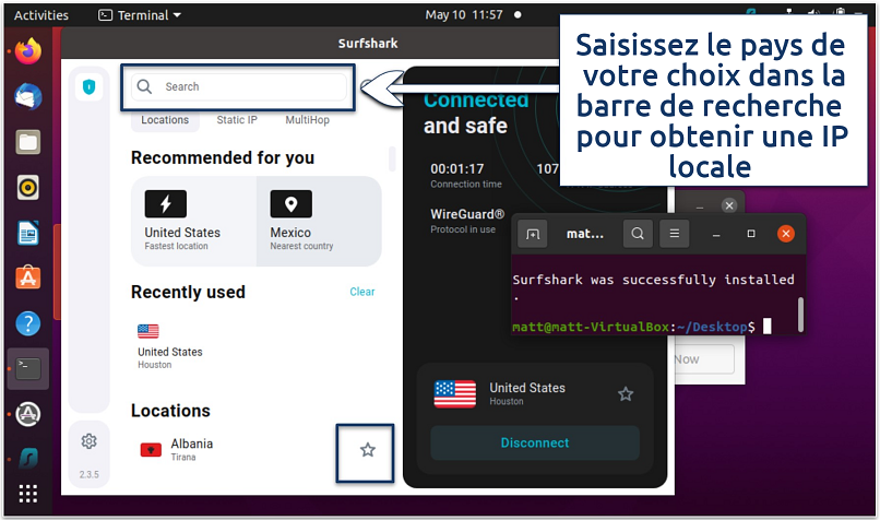 A screenshot showing it's easy to find and connect to a server with Surfshark GUI app
