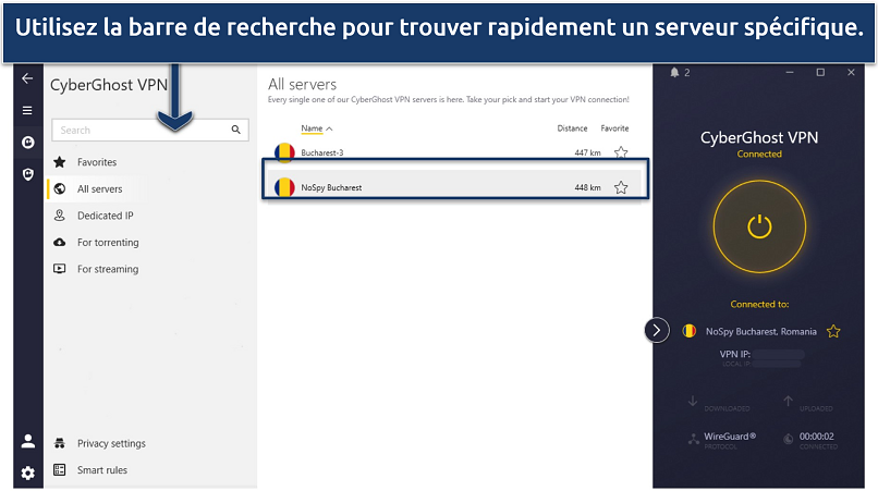 Capture d’écran de l’interface de CyberGhost, avec un VPN connecté à un serveur roumain NoSpy