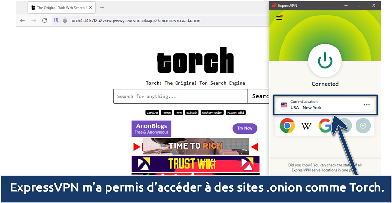 Capture d’écran du moteur de recherche Torch sur Tor, avec ExpressVPN connecté à New York