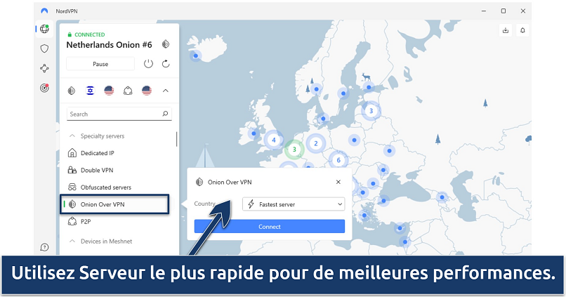Capture d’écran de l’interface NordVPN, montrant Onion over VPN, connecté au serveur Onion des Pays-Bas