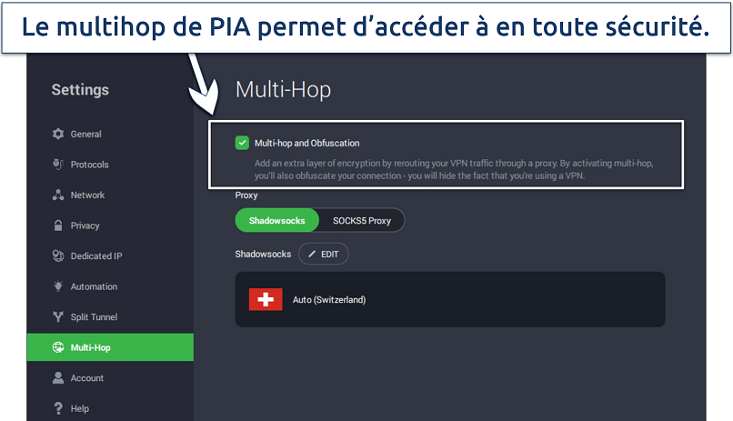 Capture d’écran des paramètres de PIA, montrant Multi-Hop et obscurcissement