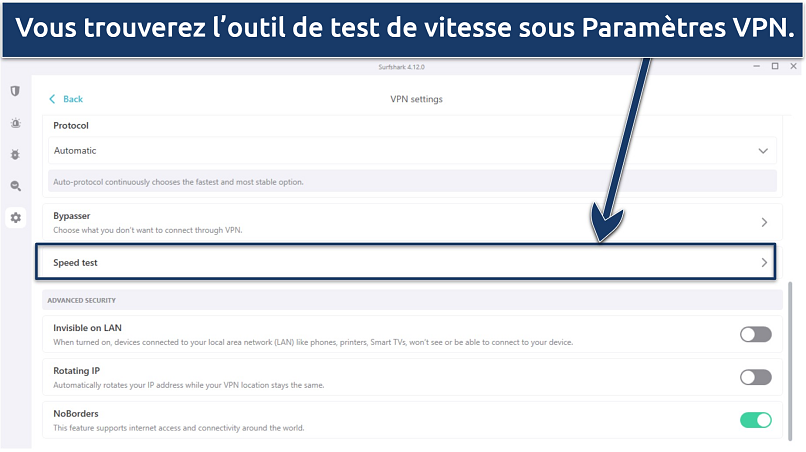 Capture d’écran des paramètres de Surfshark, montrant l’outil de test de vitesse