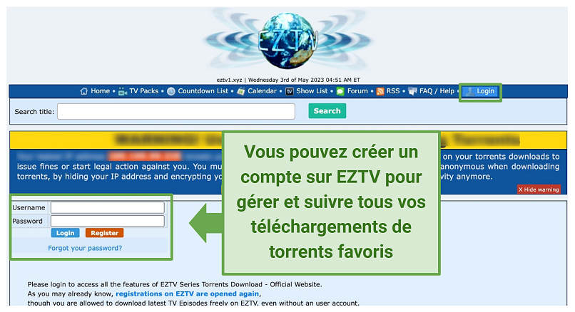 Capture d'écran du site web EZTV