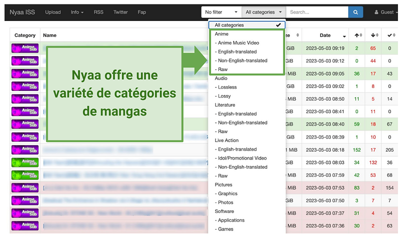 Capture d'écran du site Nyaa