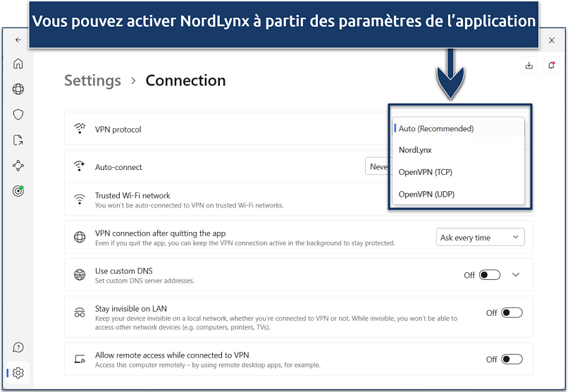 Screenshot showing how to enable NordVPN's NordLynx protocol