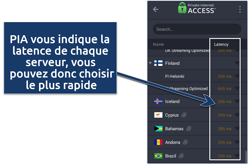 An image showing PIA's list of servers that show latency