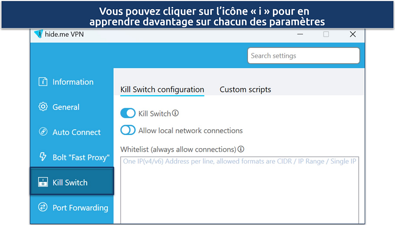 Screenshot of hide.me's security features on Windows app