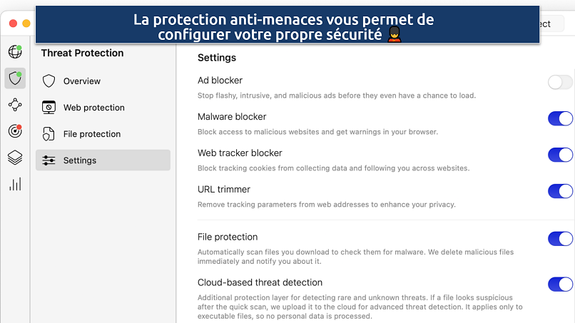 Screenshot of the NordVPN Settings panel with the customization options of Threat Protection