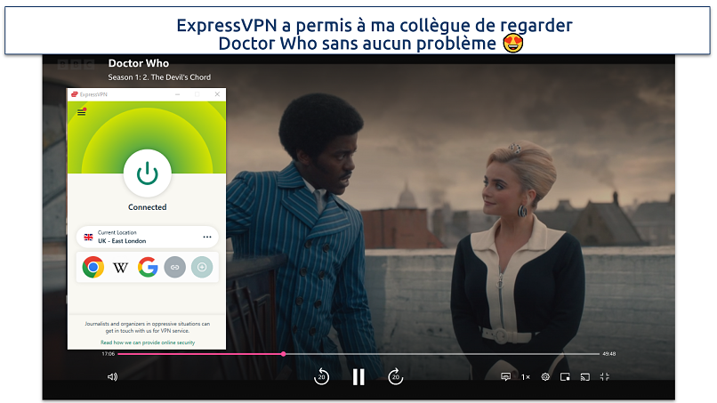 Screenshot of ExpressVPN's East London server working with BBC iPlayer
