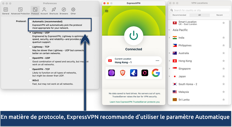 Screenshot showing the 3 interfaces of the ExpressVPN app