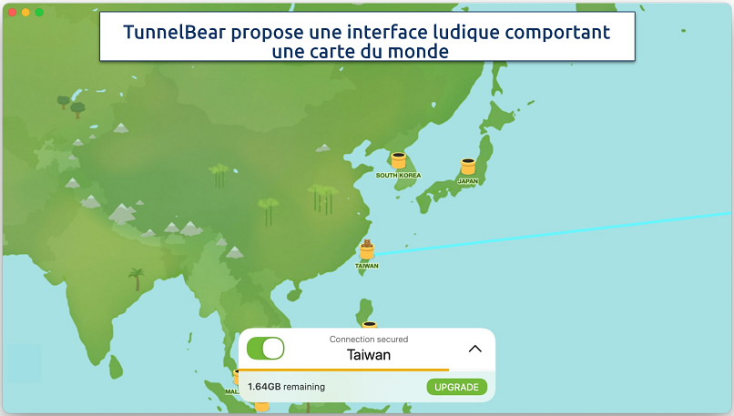 Screenshot showing the TunnelBear app connecting to a server in Taiwan