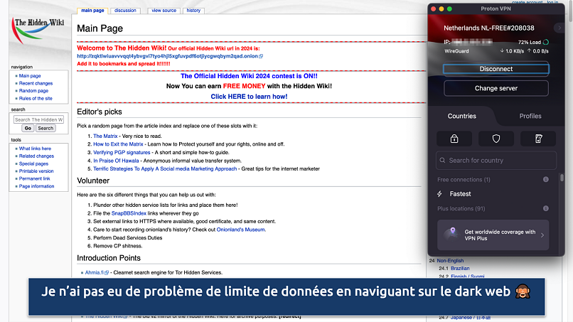 Screenshot showing the Proton VPN app over The Hidden Wiki