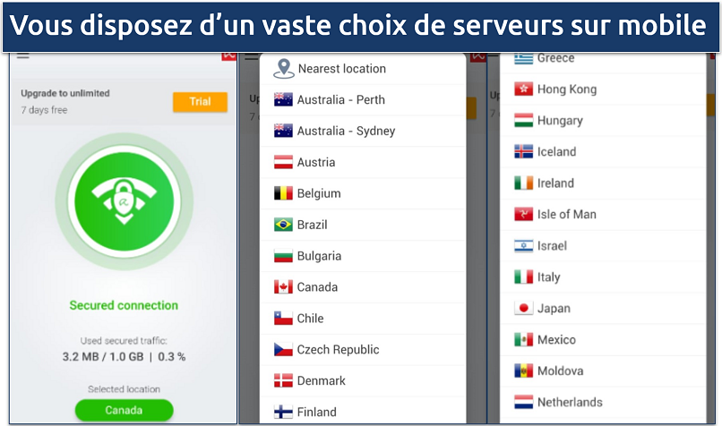 Screenshot of Avira free servers on the Android app