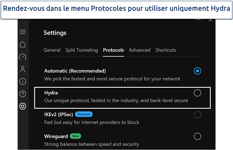 A screenshot showing Hotspot Shield's list of protocols