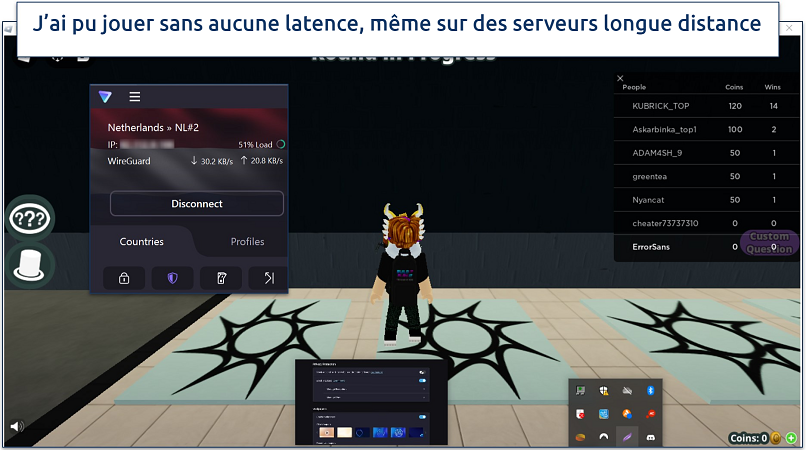 Screenshot of a Roblox gaming session while connected to Proton VPN's free Netherlands server
