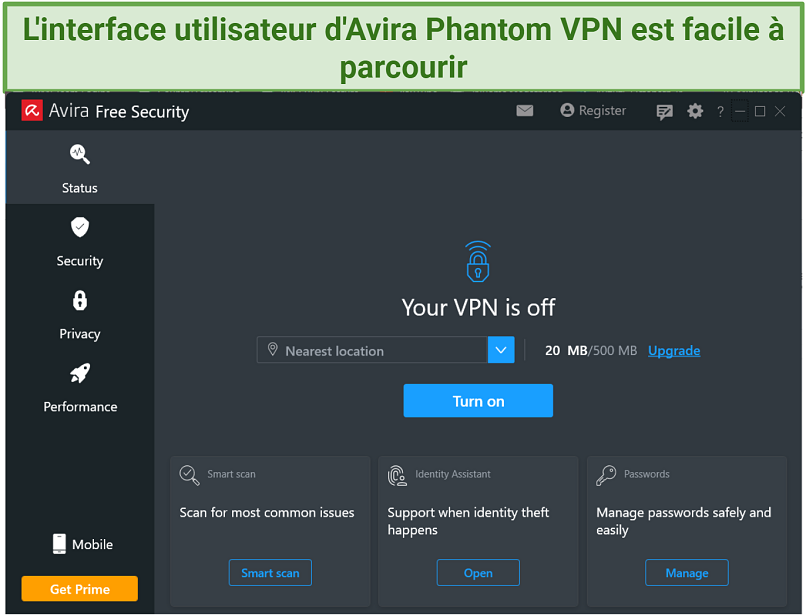 A screenshot of the Avira Phantom VPN simple user-interface