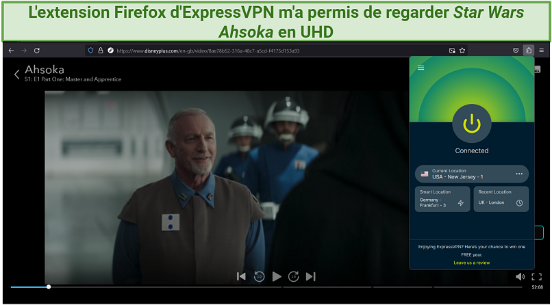 Screenshot of Ahsoka streaming on Disney+ with ExpressVPN connected