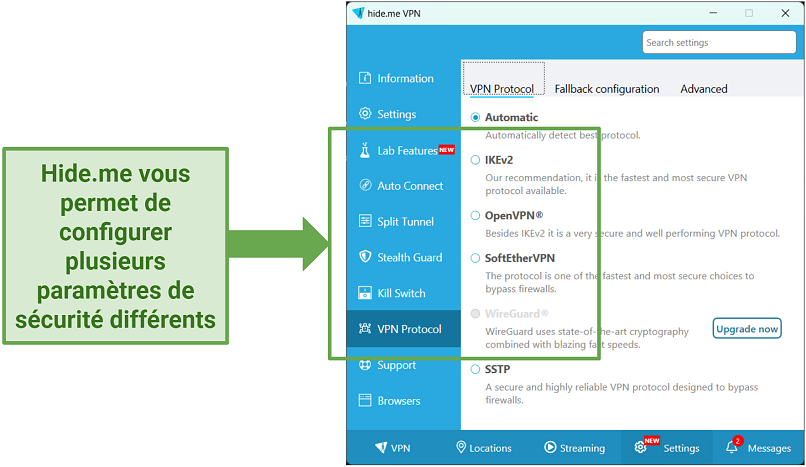 Screenshot of hide.me's security settings