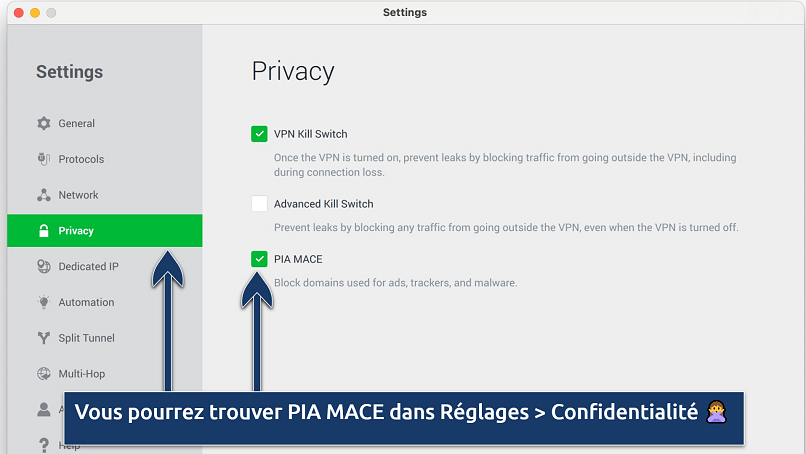 Screenshot of the PIA MACE feature in the Private Internet Access Settings menu